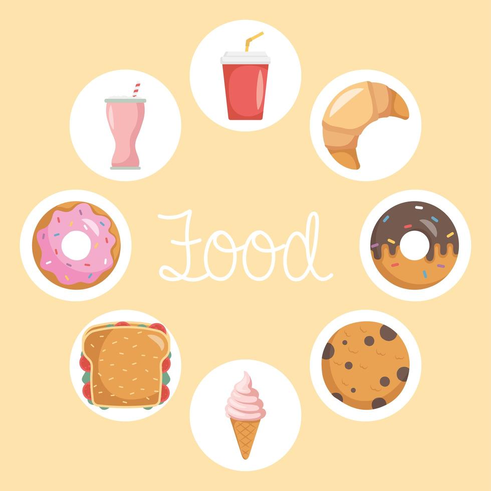 bundle of eight fast food icons and lettering vector