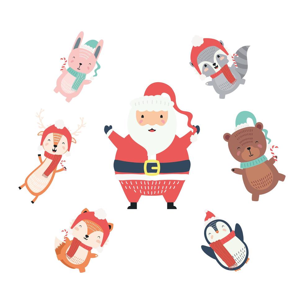 santa con lindos animales alrededor con personajes de ropa navideña vector