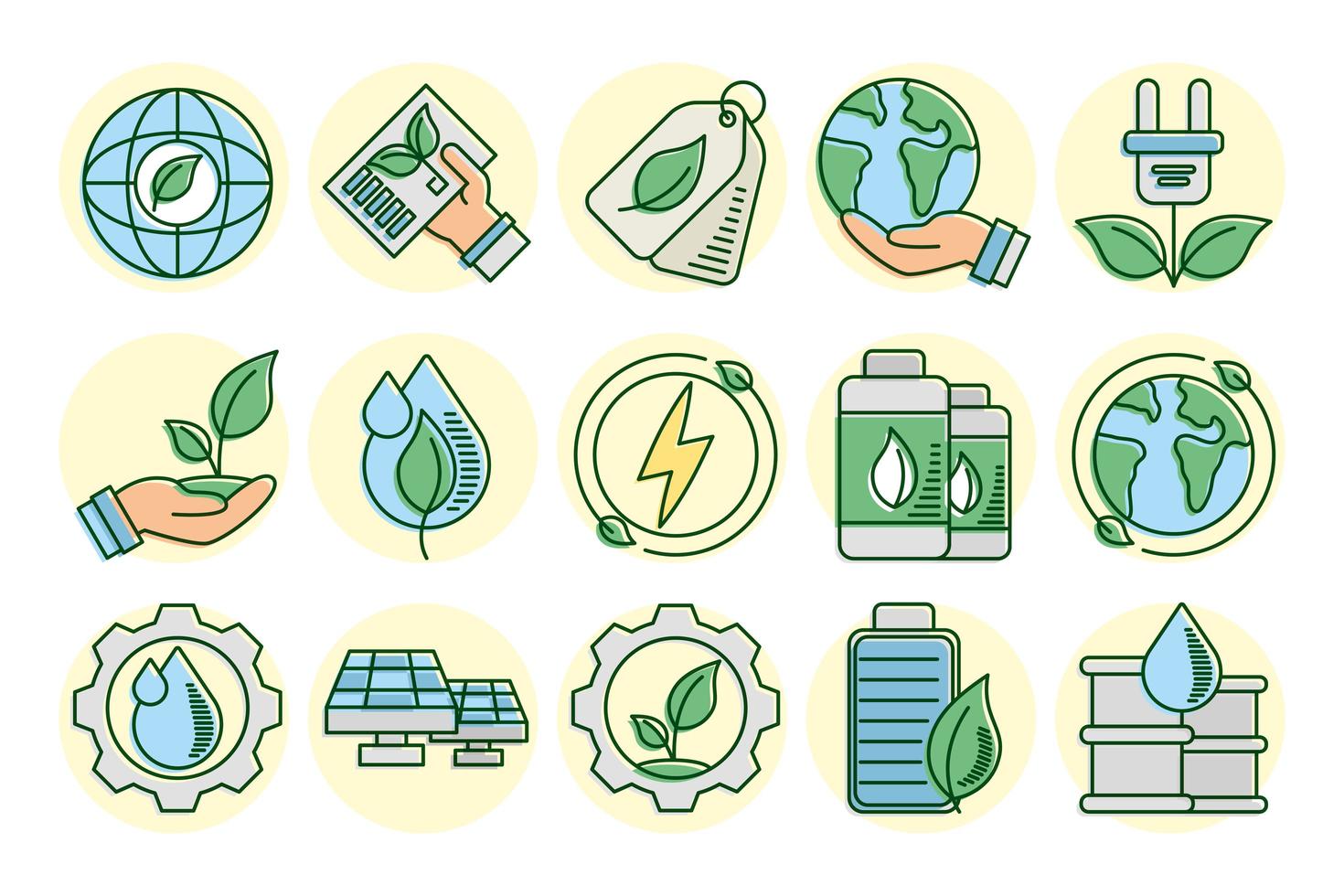 Eco and earth line and fill icon set vector