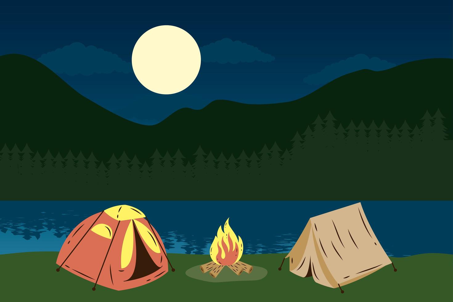 camping tents with campfire, lake night scene vector