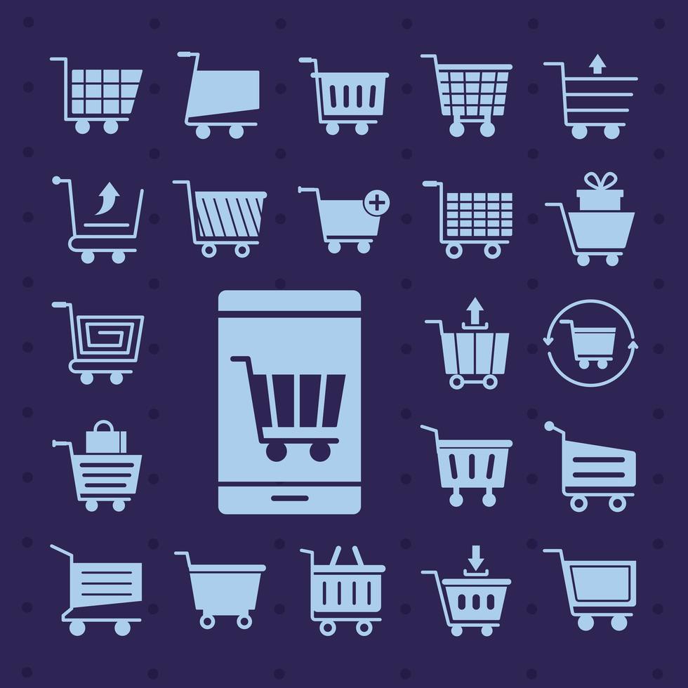 bundle of twenty two shopping carts line style icons vector
