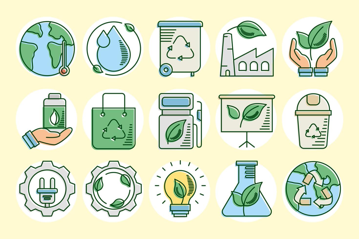 Eco and earth line and fill icon set vector