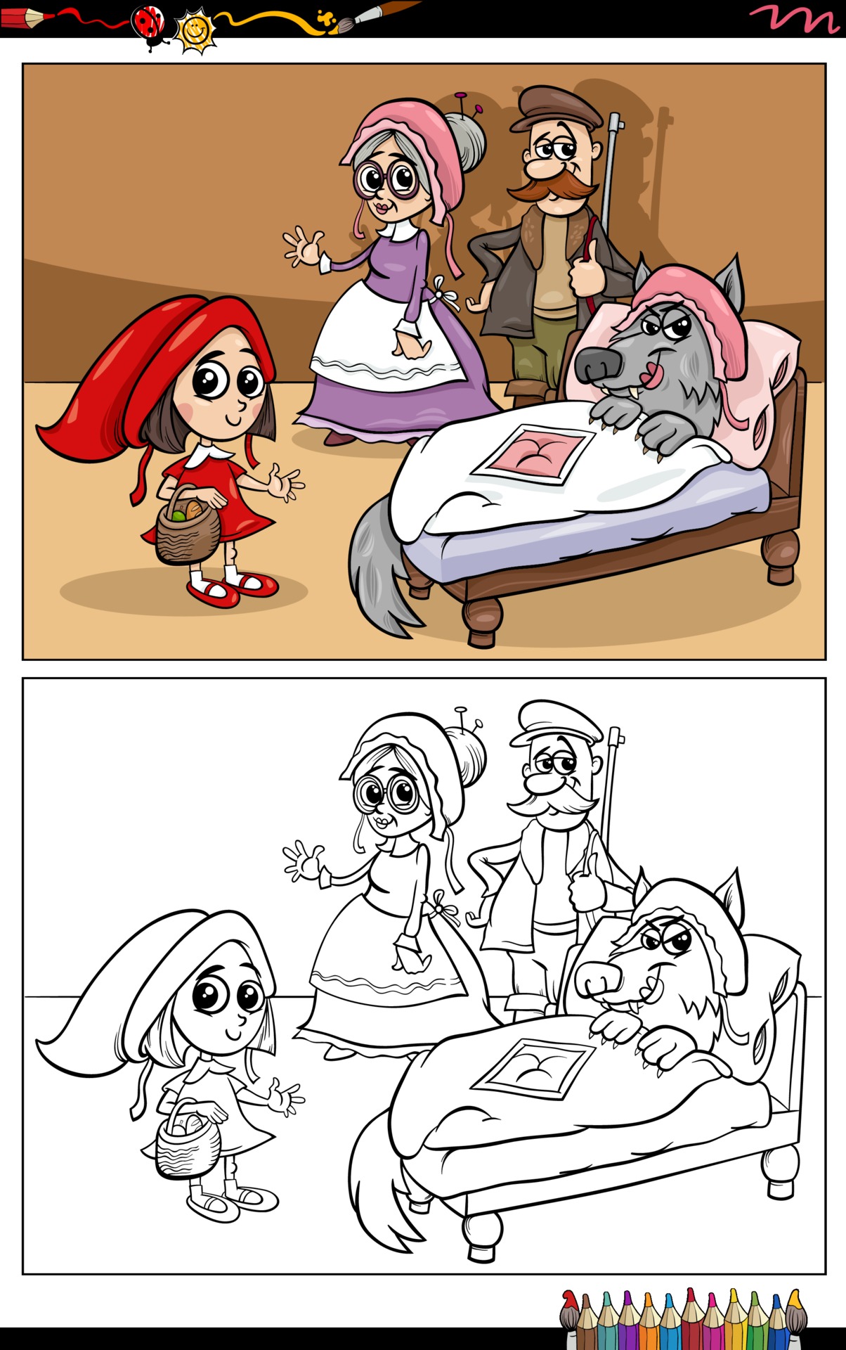 Little Red Riding Hood Cartoon Characters Coloring Book Page Vector Art At Vecteezy
