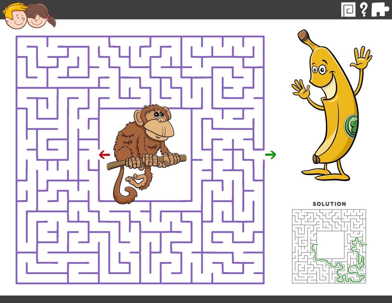 maze educational game with funny monkey and banana vector