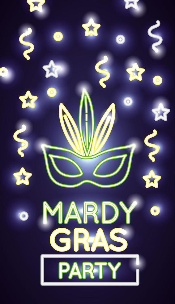 Banner de celebración de mardi grass con luces de neón y máscara vector