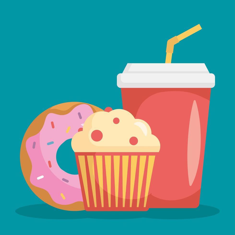 taza de refresco con muffin y donut vector