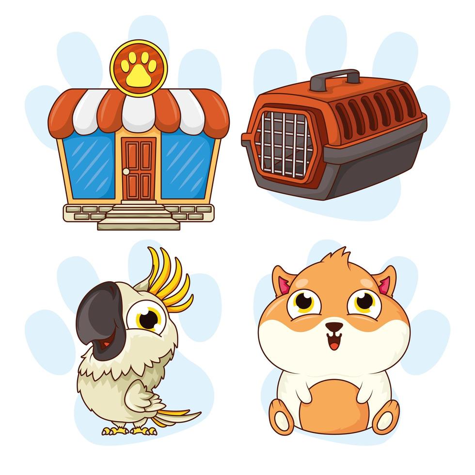 Kawaii conejillo de indias y loro con iconos de tienda de mascotas vector