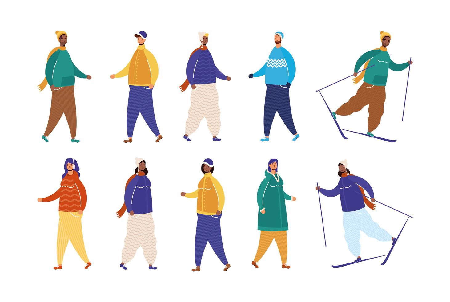 interracial people wearing winter clothes and skiing vector