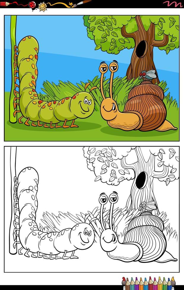 snail and caterpillar and fly characters cartoon coloring book page vector