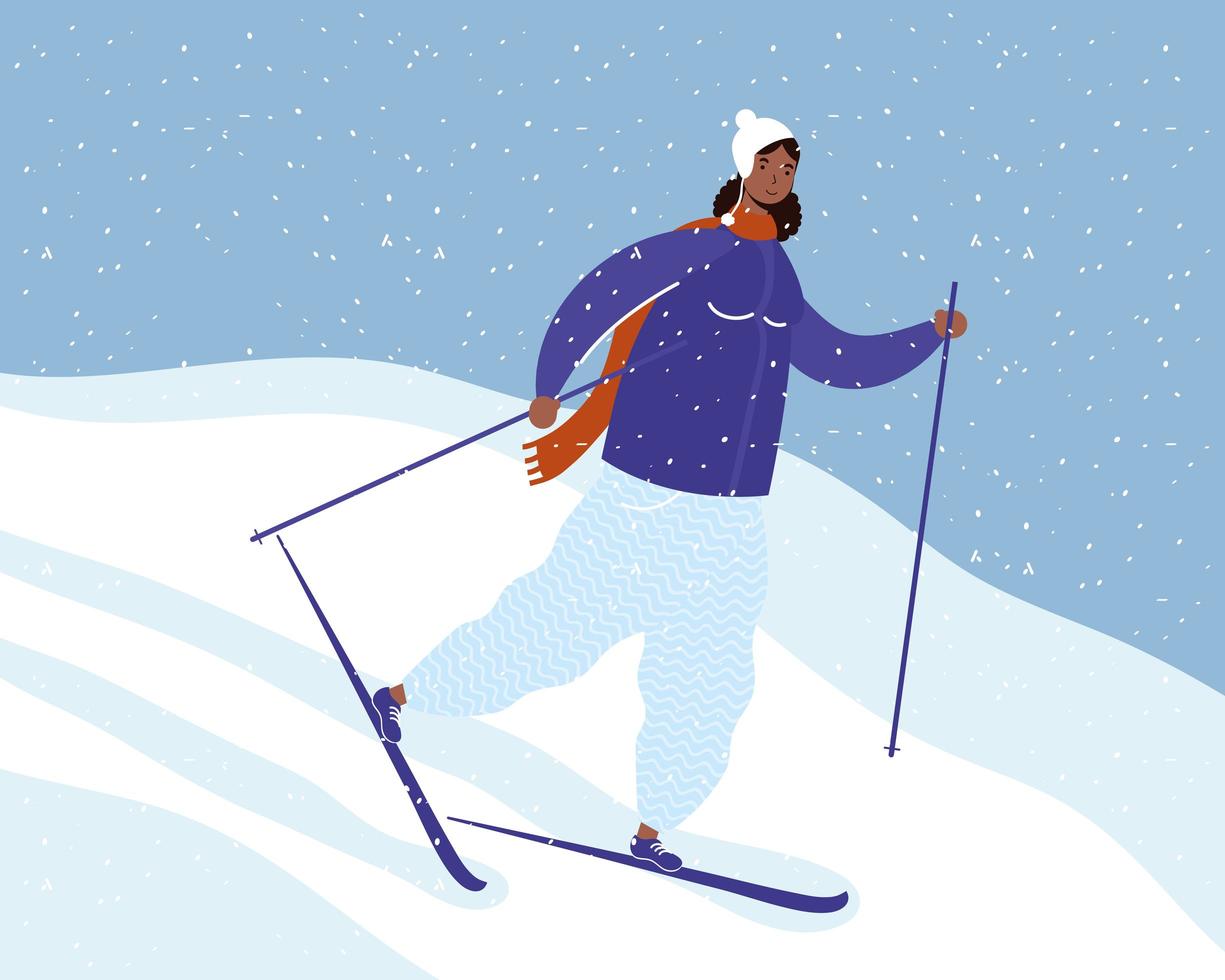 young afro woman wearing winter clothes and skiing vector