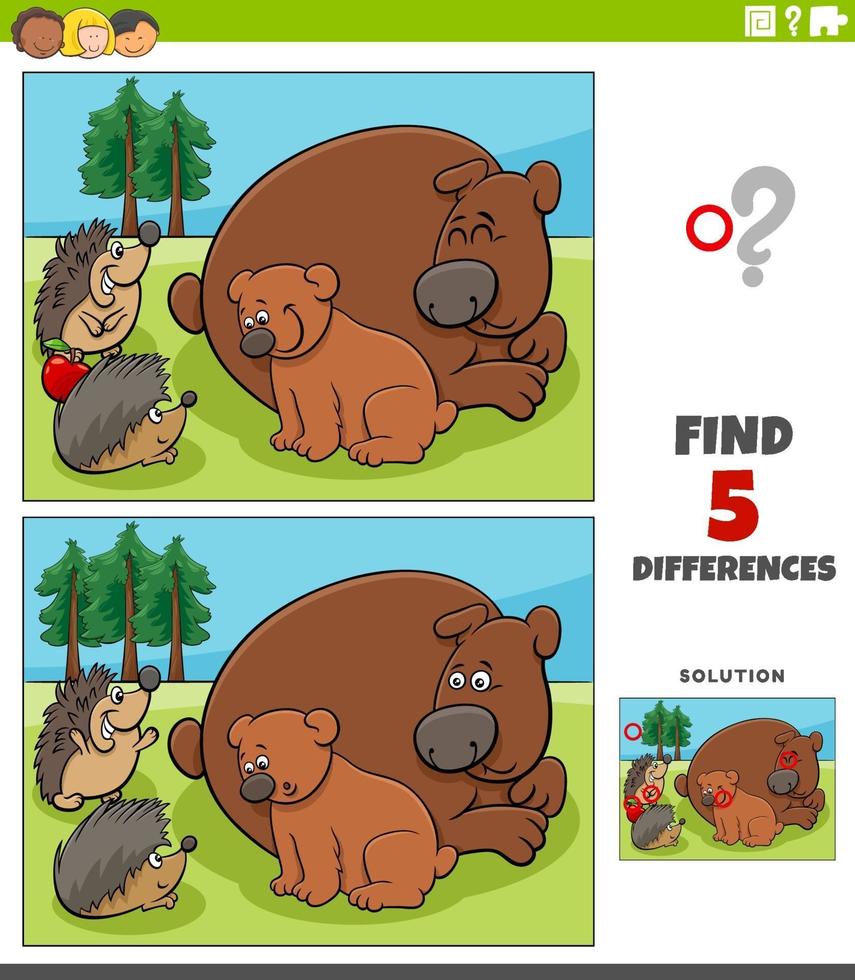 juego educativo de diferencias para niños con osos y erizos. vector