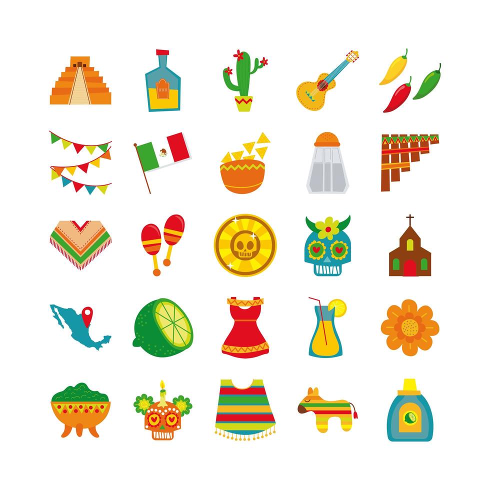 conjunto de iconos planos de cultura mexicana vector