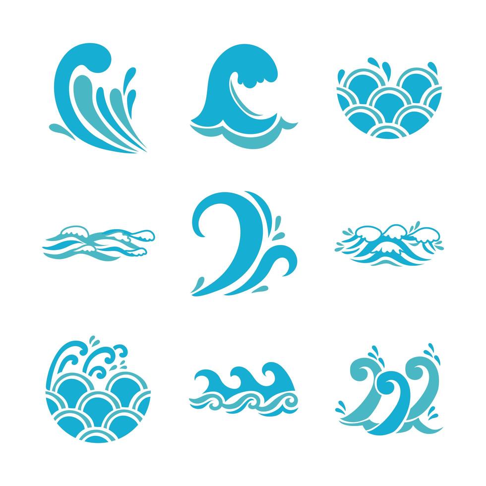 Waves and water icon set vector