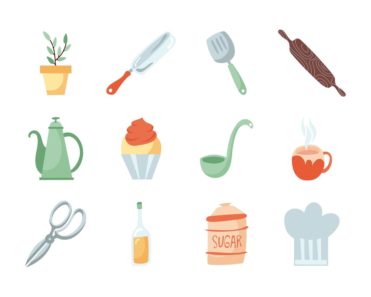 conjunto de iconos planos de cocina y comida vector