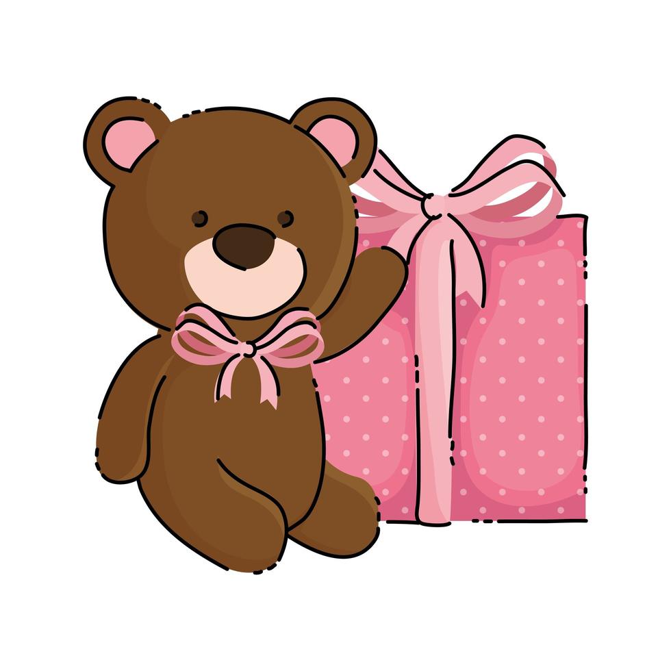 Lindo oso de peluche con icono aislado de caja de regalo vector