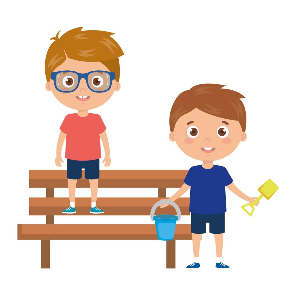 boys with bucket and tools to play in park chair on white background vector