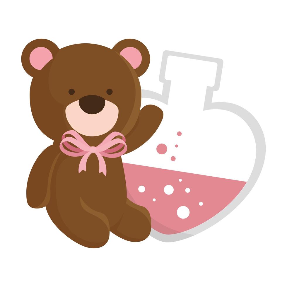 cute teddy bear and fragrance with heart bottle vector