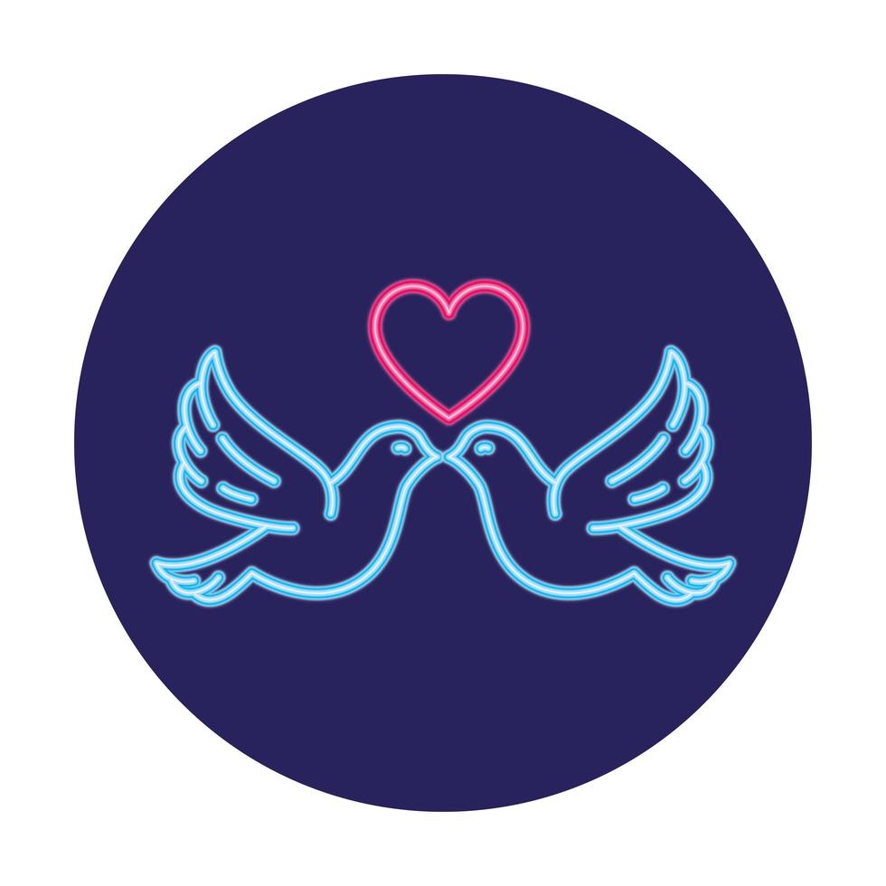 doves with heart in neon light, valentine day vector