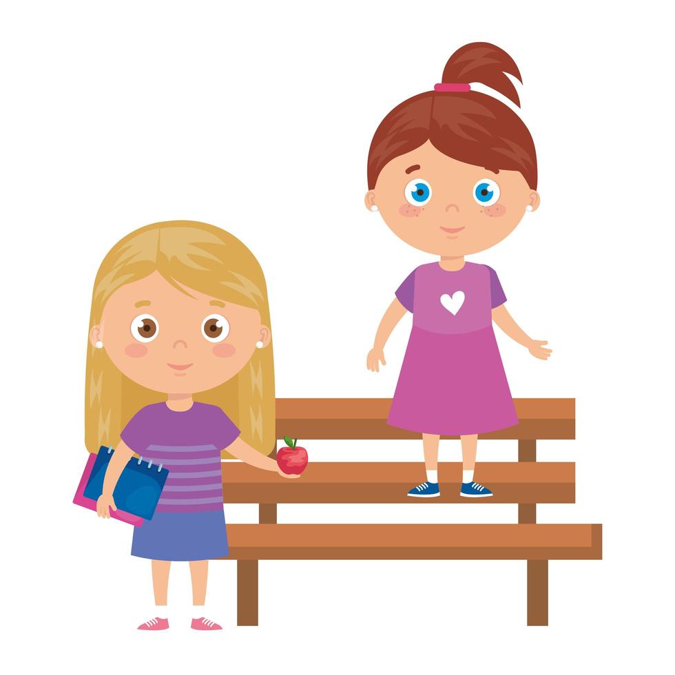 girls with school supplies in park chair on white background vector