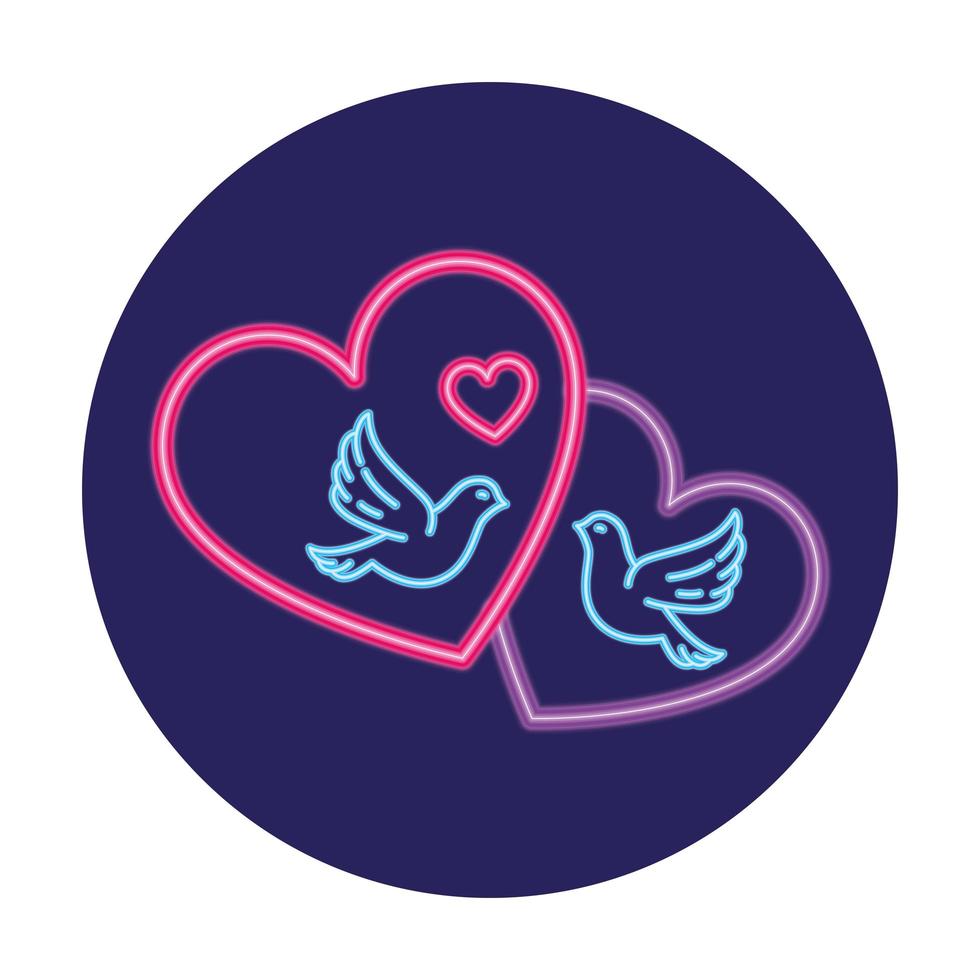 doves with heart in neon light, valentine day vector