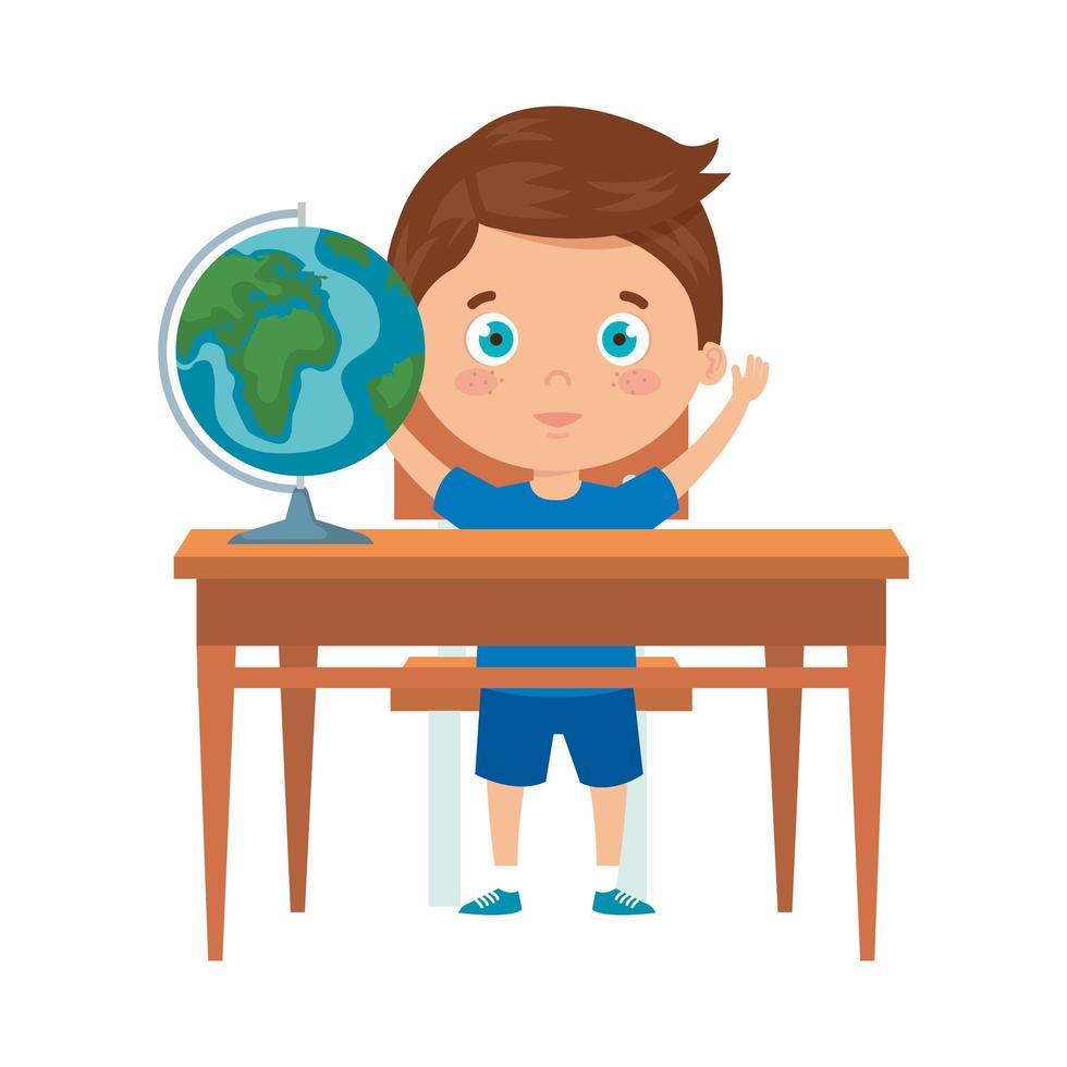 student boy sitting in school desk on white background vector