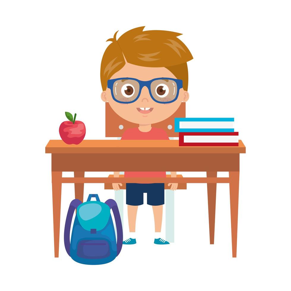 student boy sitting in school desk on white background vector