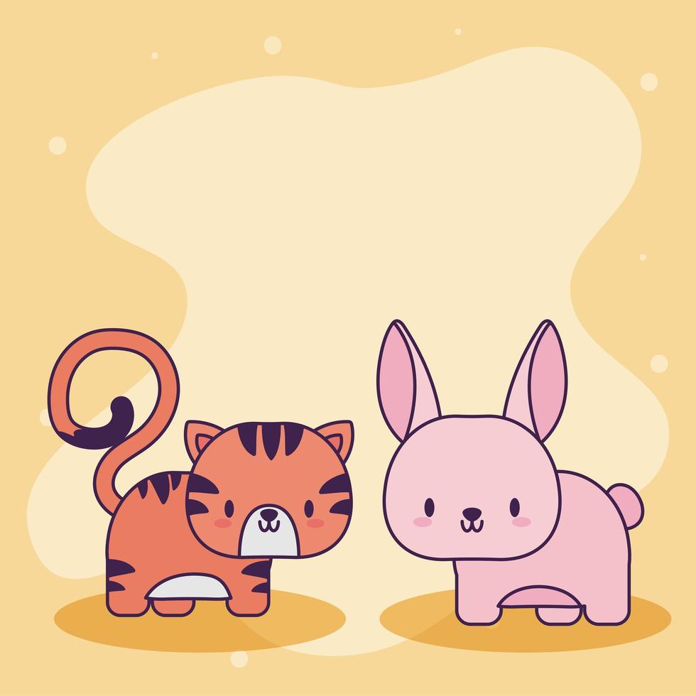 cute card with kawaii tiger and rabbit vector