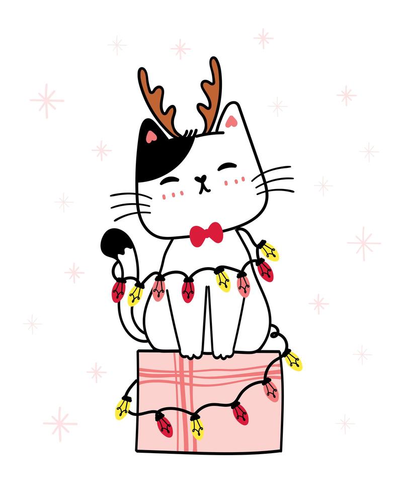 white kitten wearing a reindeer antlers on a gift box vector