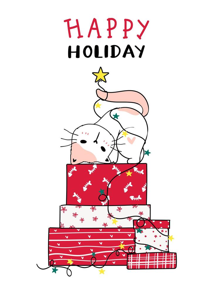 cute cat on a stack of Christmas presents vector