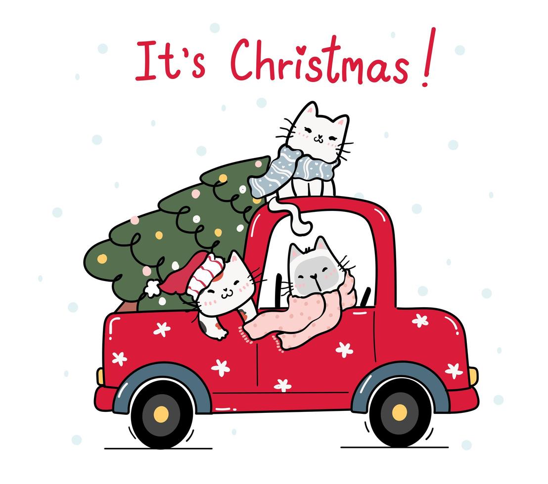 Lindos gatos felices con árbol de Navidad en camión rojo vector