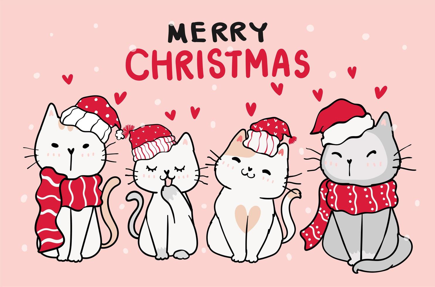 grupo de gatitos en navidad sombreros rojos y bufandas vector