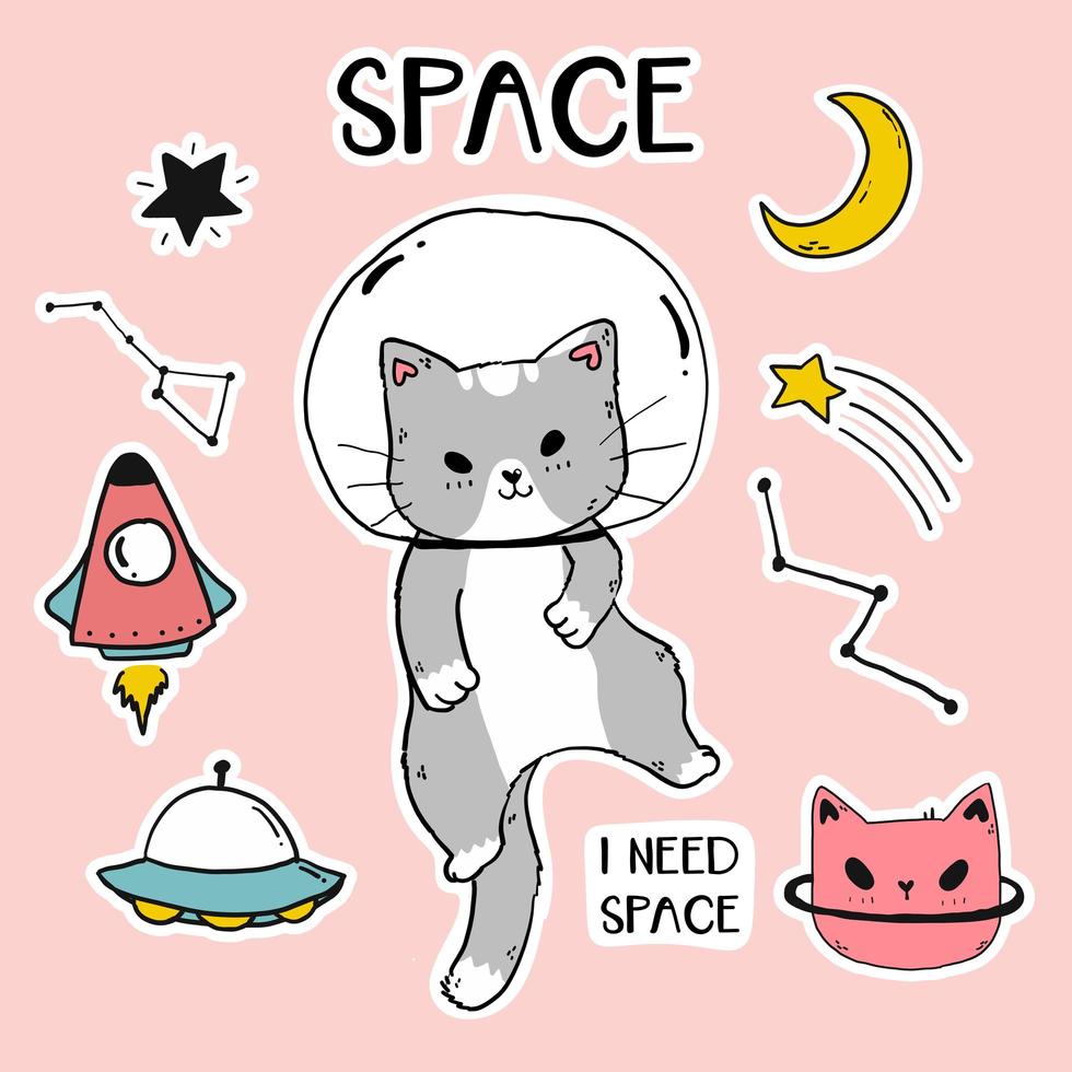 lindo gato astronauta con iconos espaciales vector