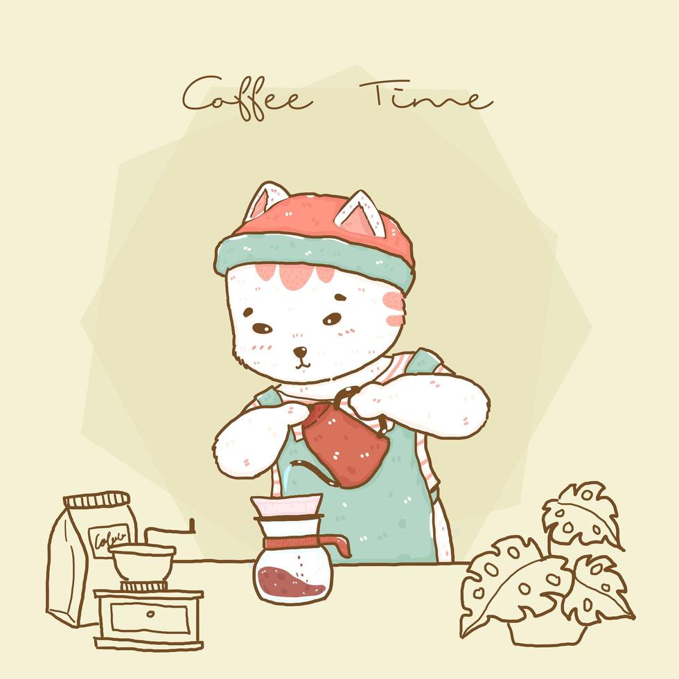 cute hipster barista cat in apron pouring coffee vector