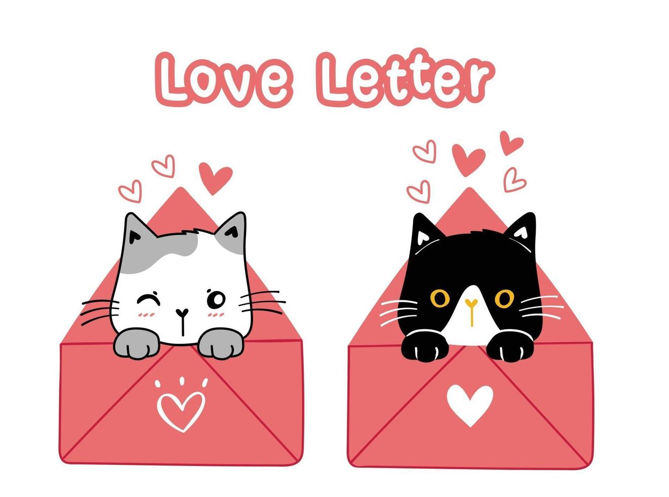 San Valentín gatos blancos y negros con cartas de amor. vector