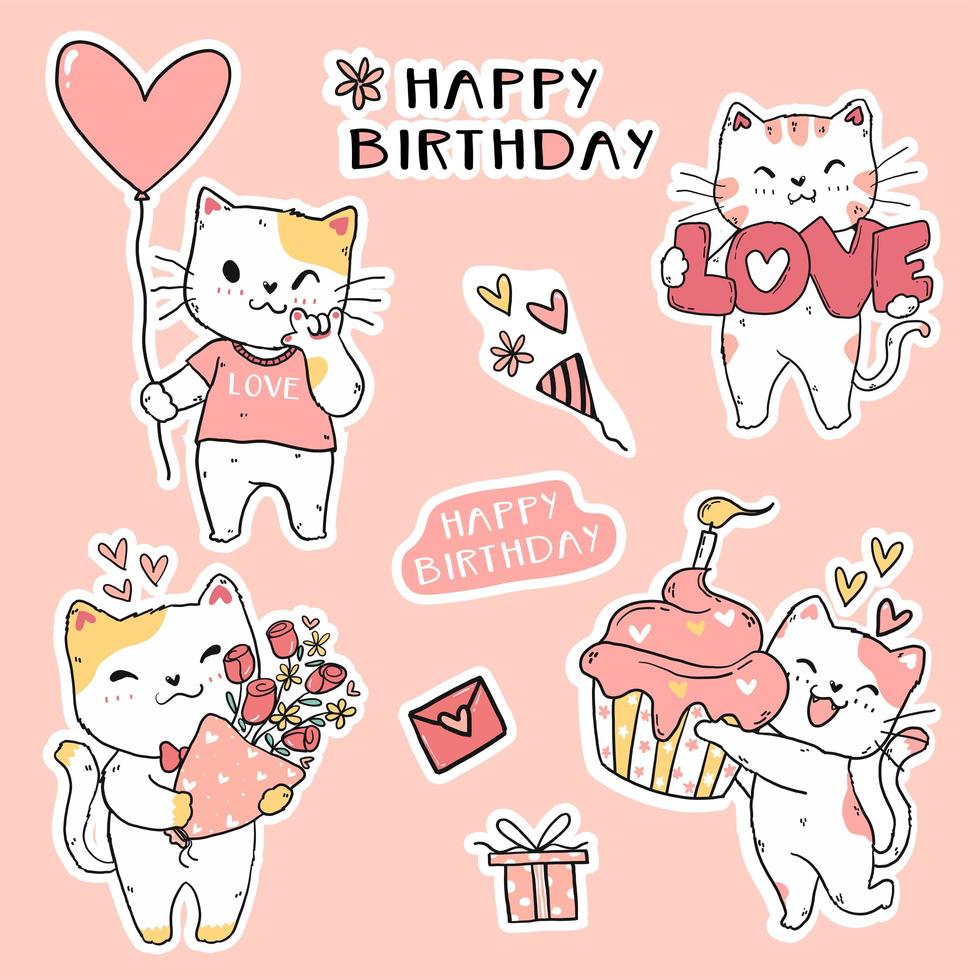 Set of cute funny birthday cats vector