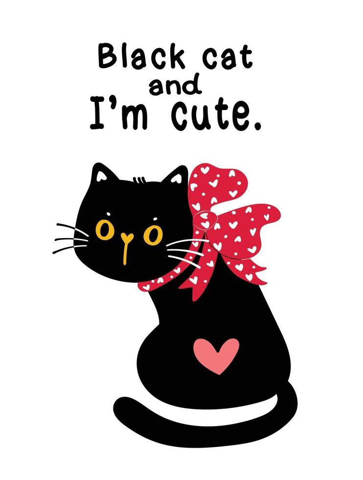 Cute black cat with red ribbon bow vector