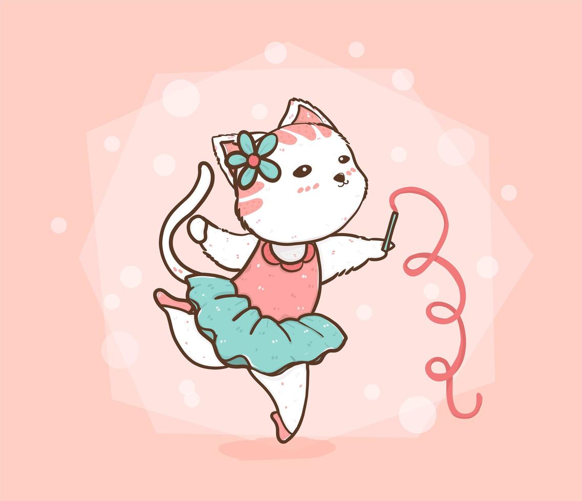 cute cat dancing ballet in a pink and blue green dress vector