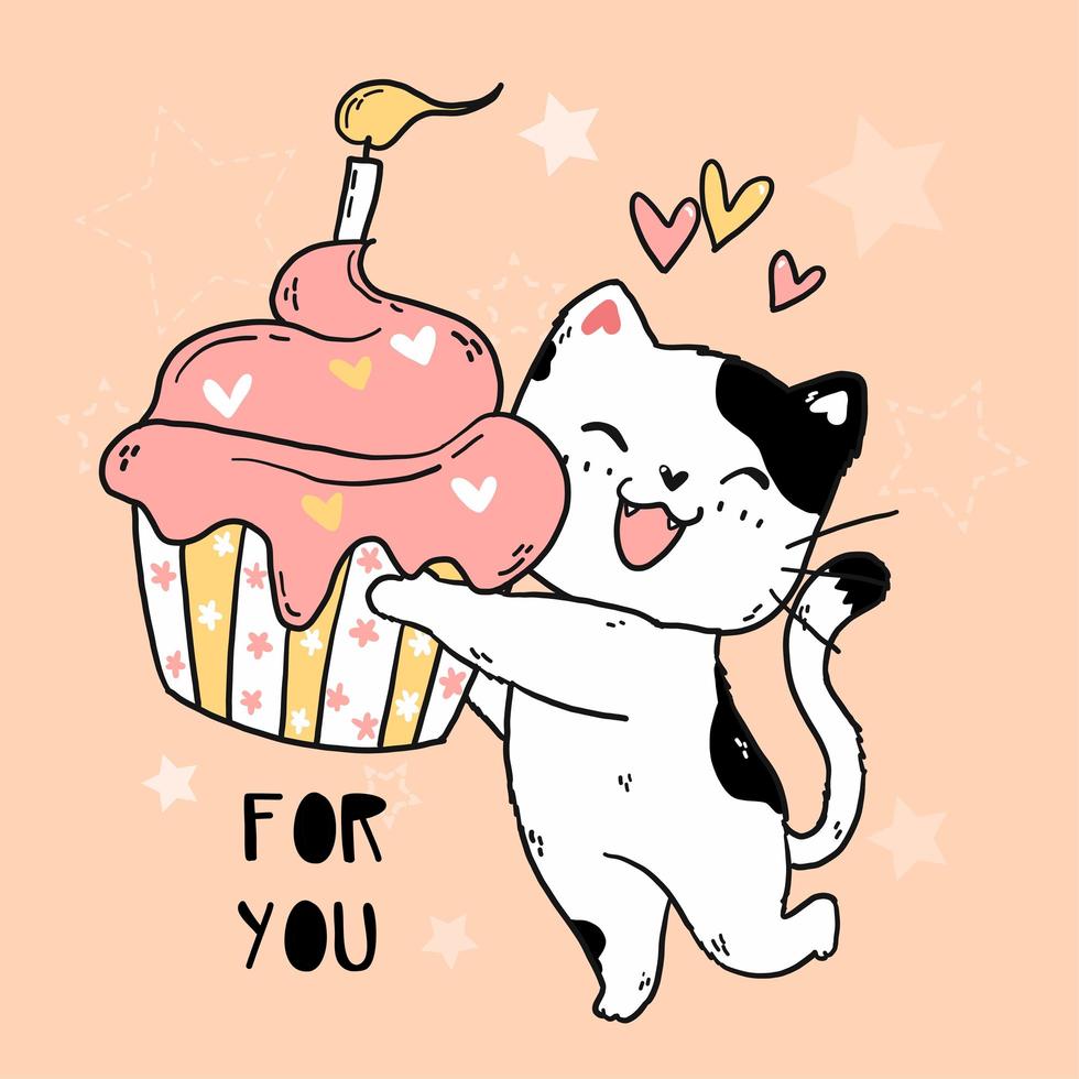 Cute Funny Birthday Cat Holding A Cupcake Vector Art At Vecteezy