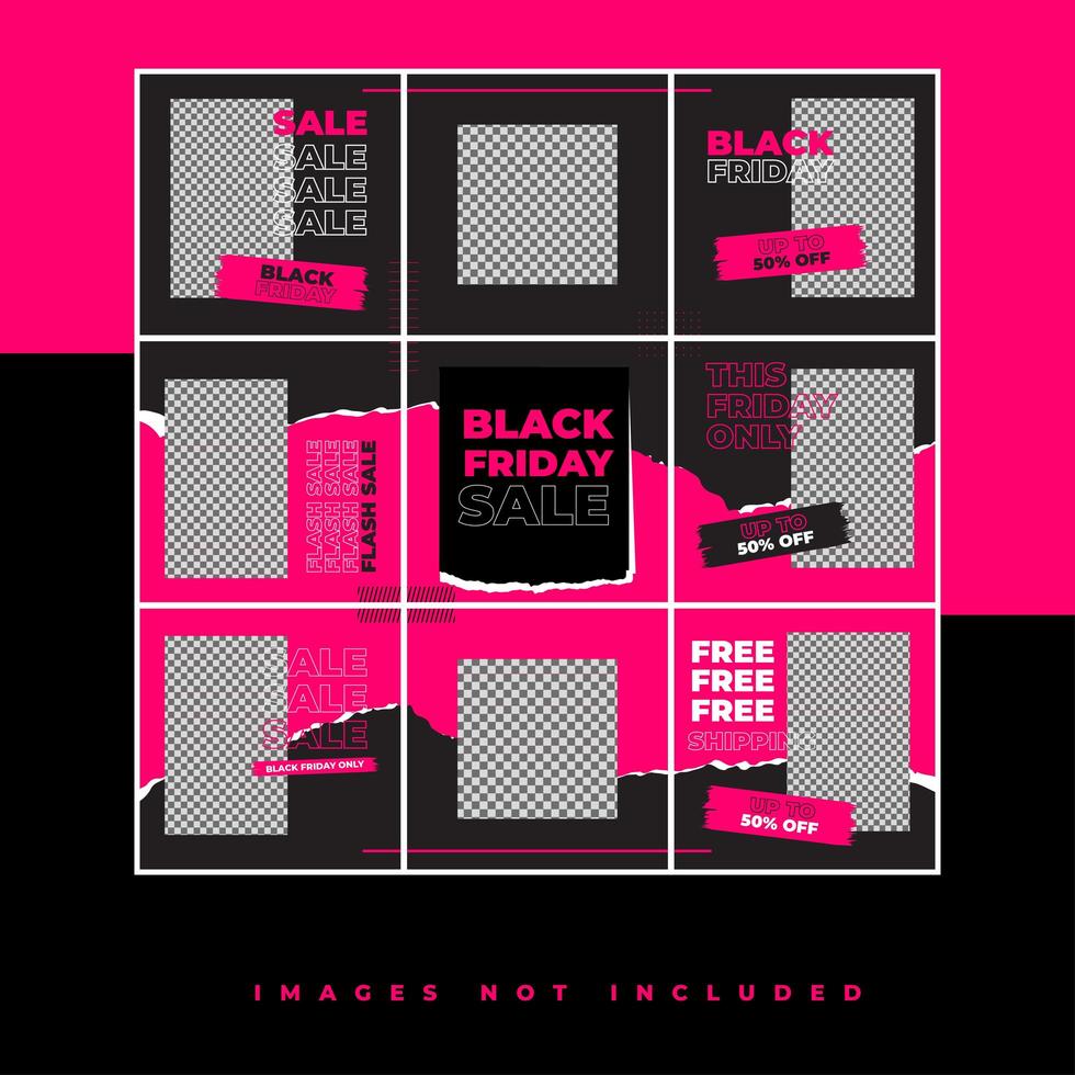 Plantilla de rompecabezas de redes sociales de viernes negro con estilo exagerado y color neón para descuento de venta de promoción vector