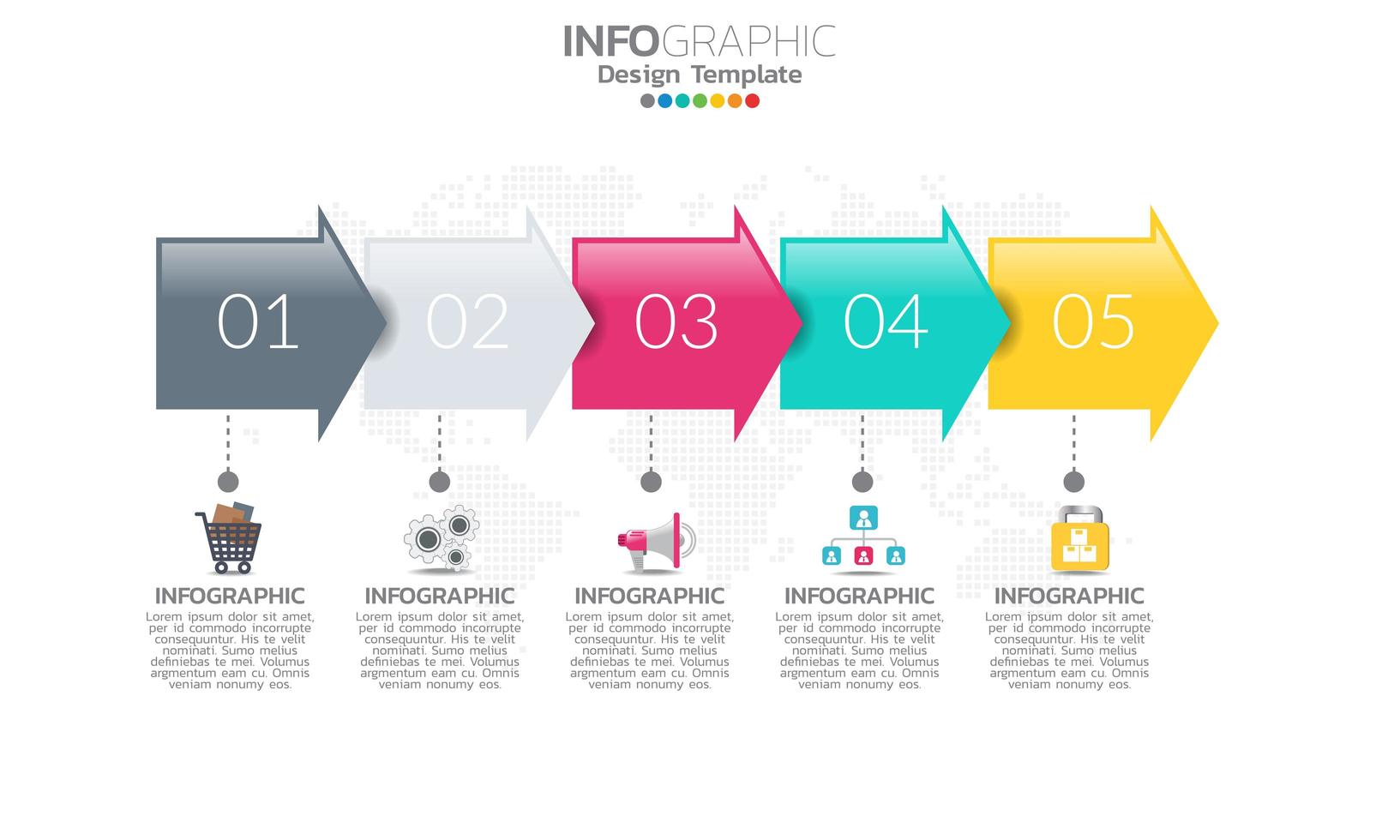 Plantilla de infografía de línea de tiempo con flechas y diseño plano de 5 opciones vector