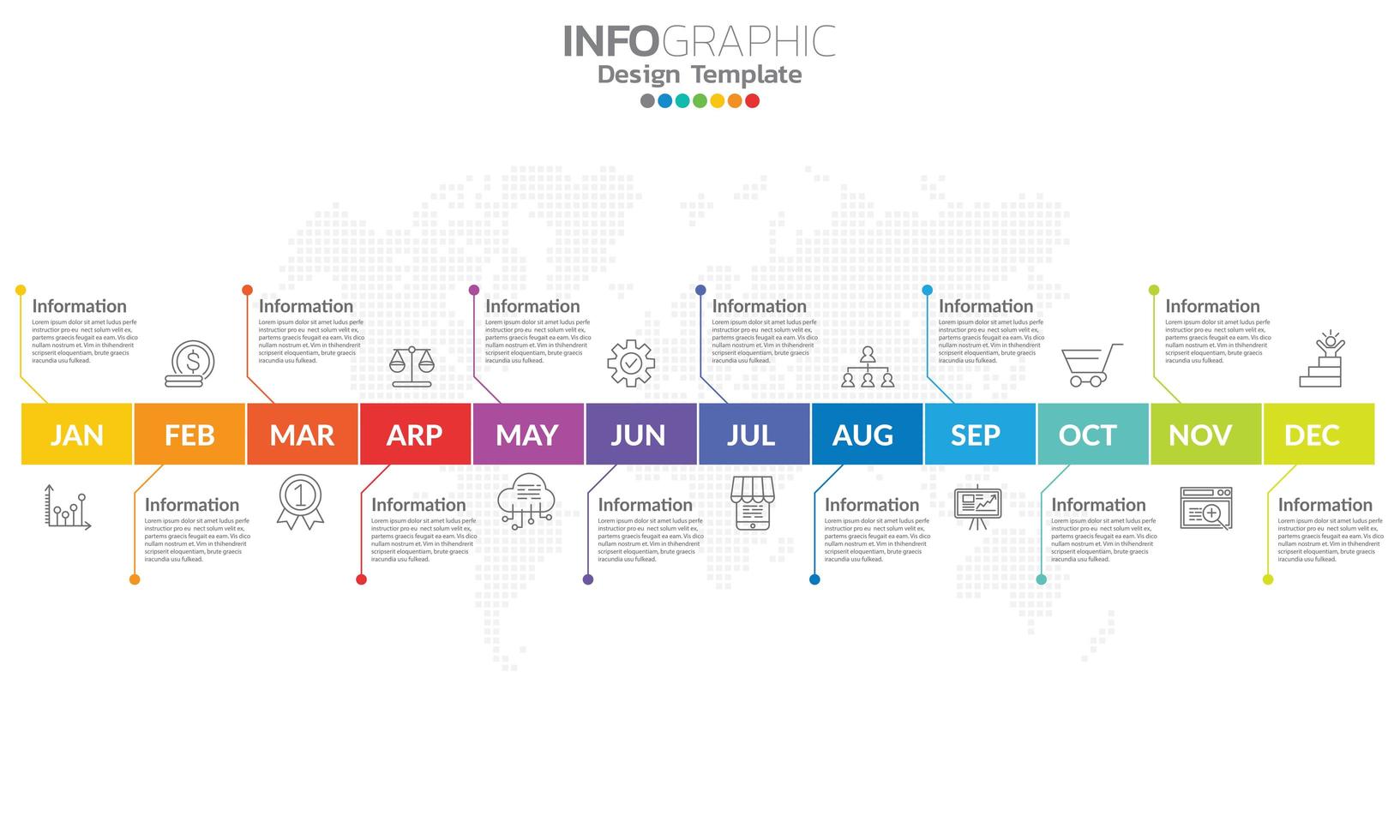 Timeline infographic template with 12 label, 12 months 1 year with steps and options. vector