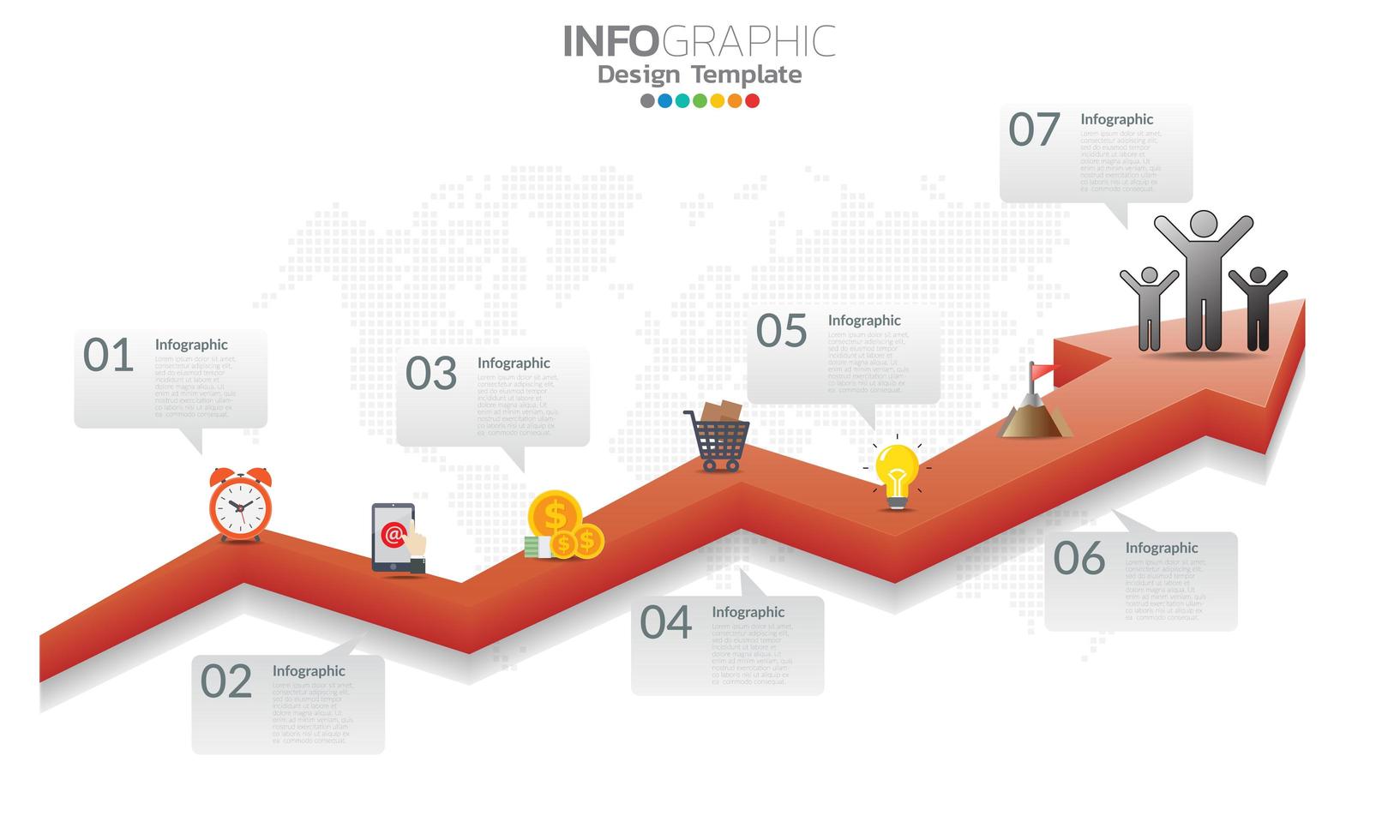 Plantilla de infografía de línea de tiempo con flechas y diseño plano de 7 opciones vector