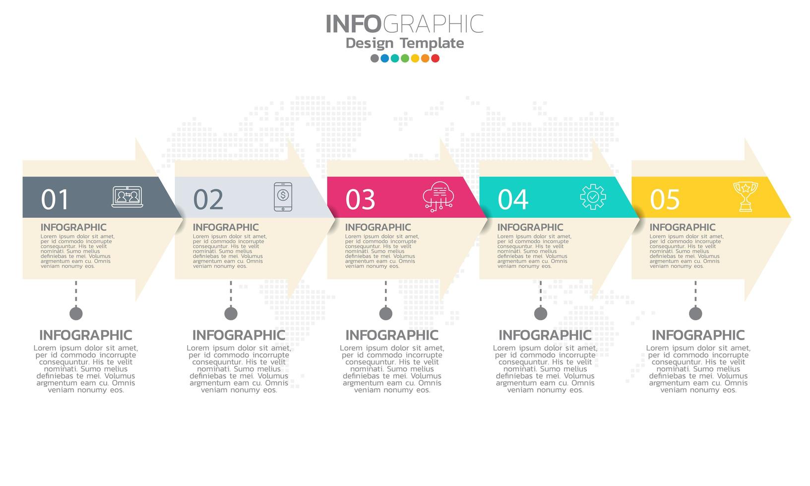 Timeline infographic template with arrows and 5 options flat design vector