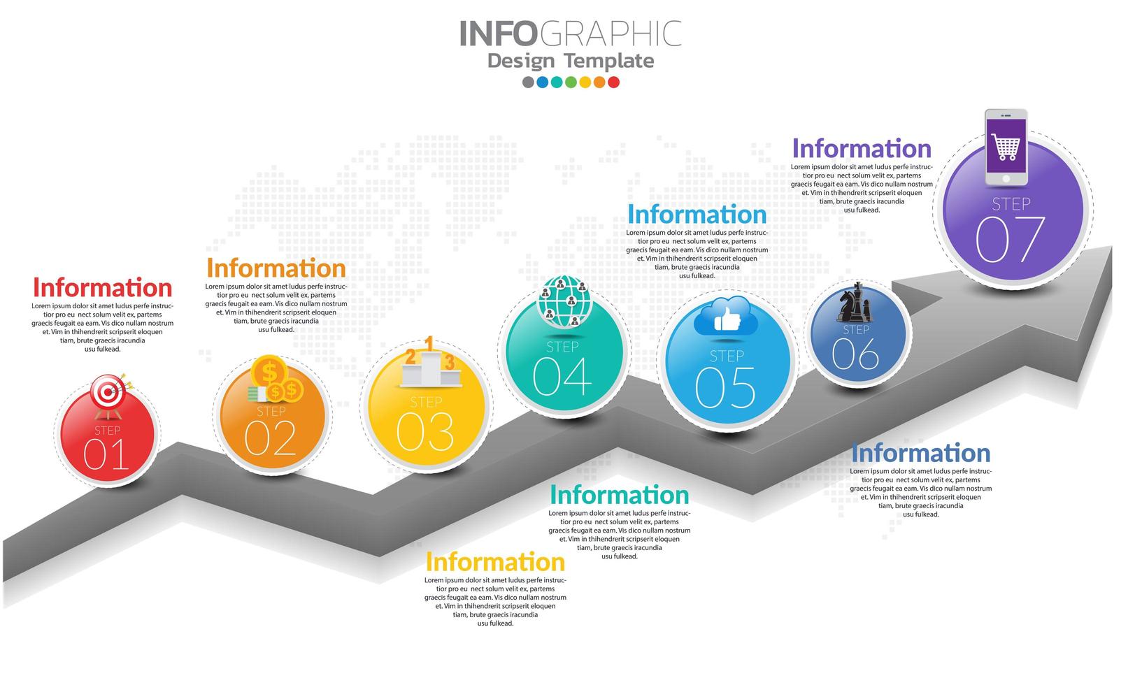 Plantilla de infografía de línea de tiempo con flechas y diseño plano de 7 opciones vector