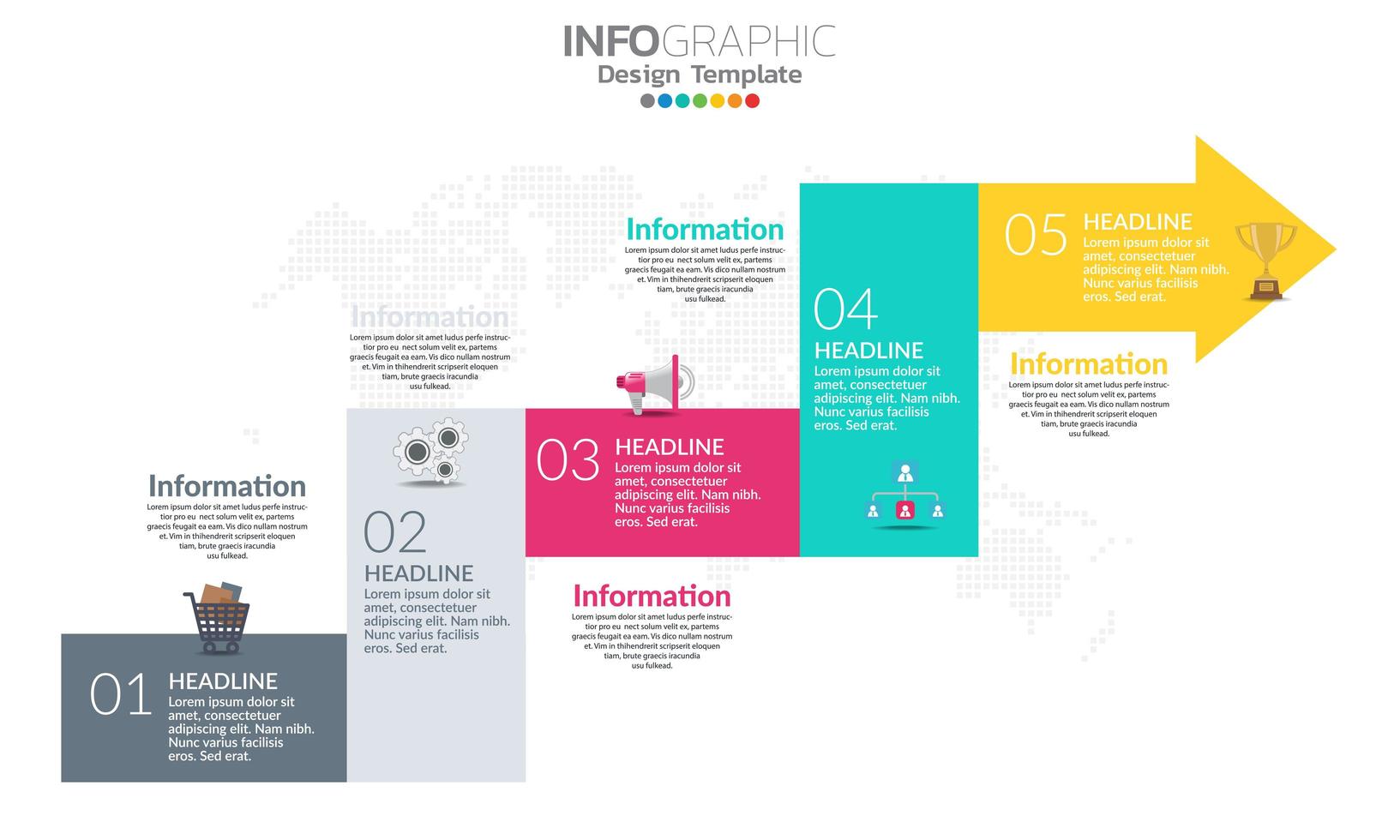 Timeline infographic template with arrows and 7 options flat design vector