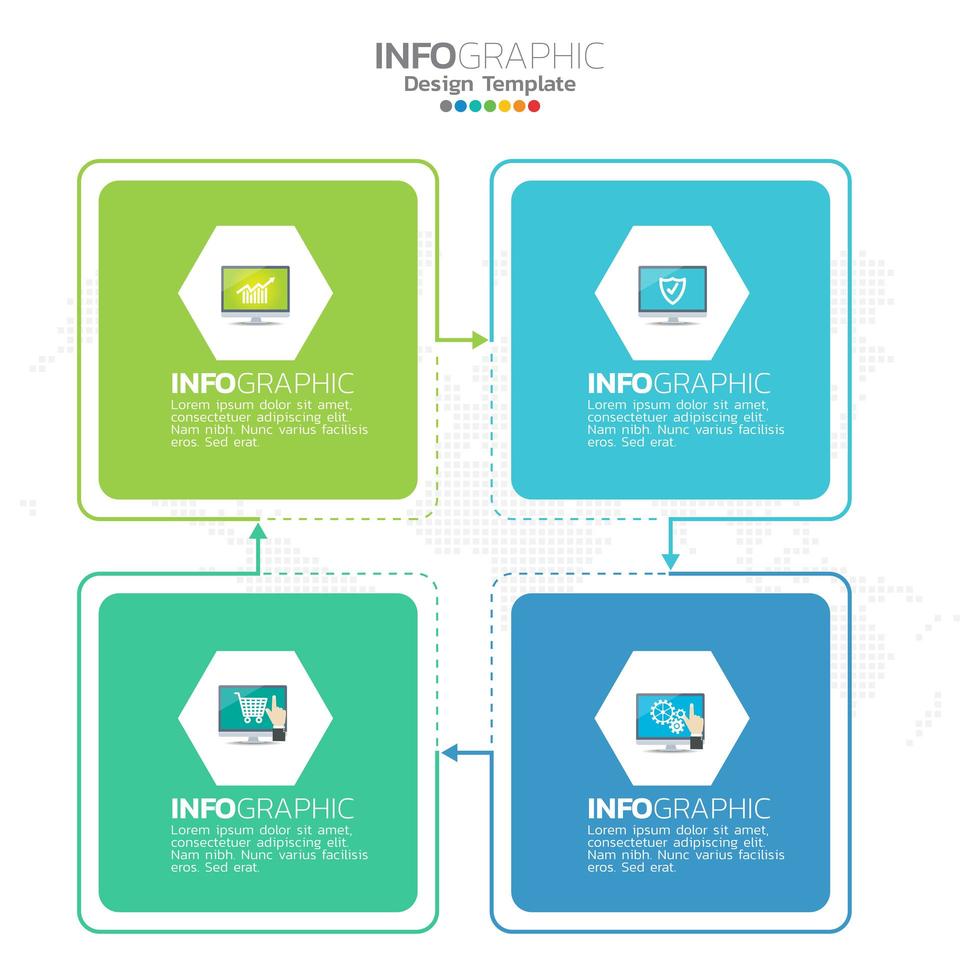 Elementos de infografía empresarial con 4 secciones o pasos, tema azul. vector