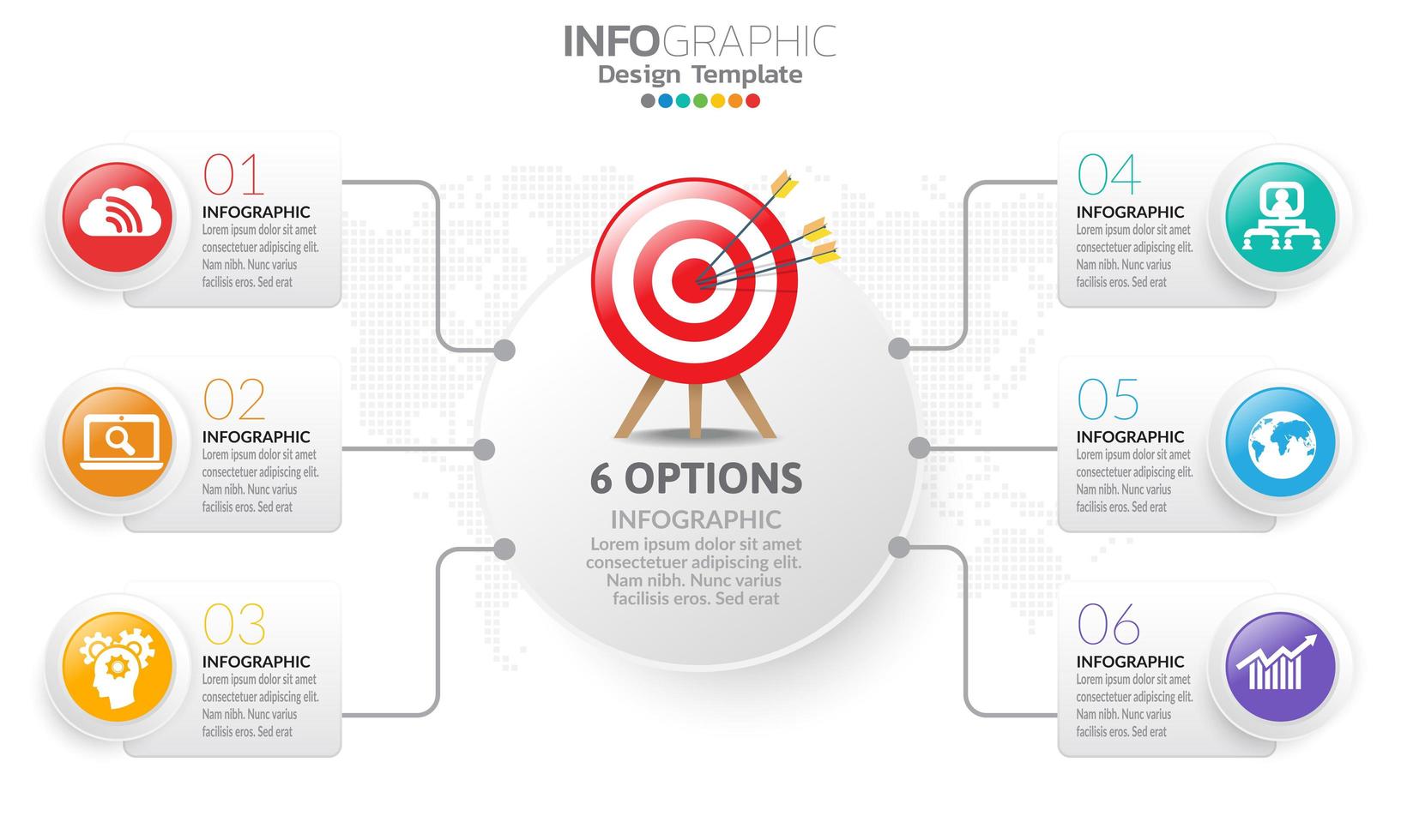 Timeline infographic template with arrows and 6 options flat design vector