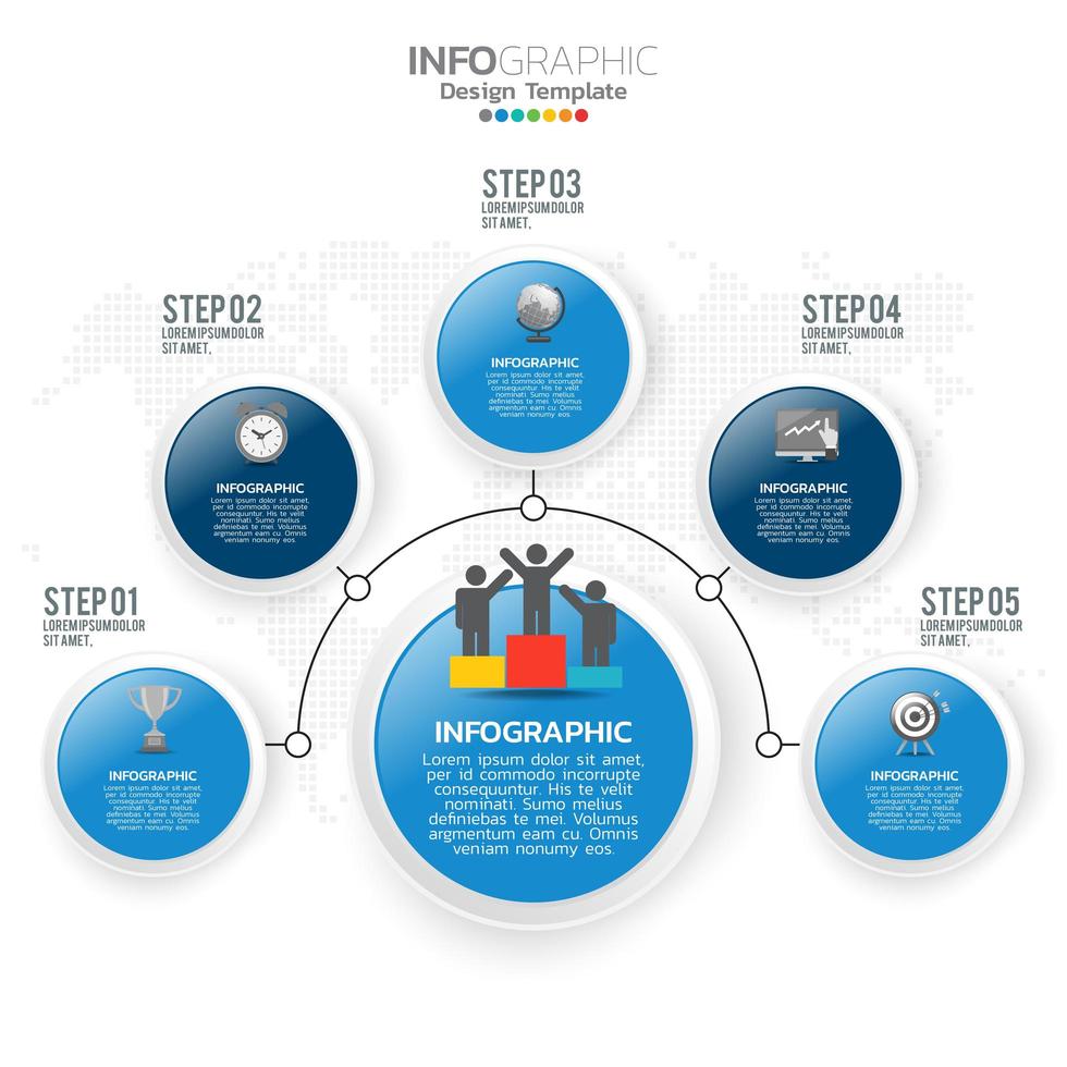 Elementos de infografía empresarial con 5 secciones o pasos, tema azul. vector