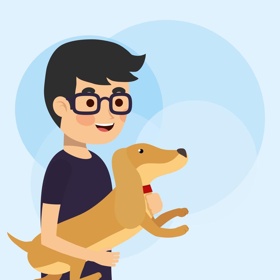 Young man holding a dog vector