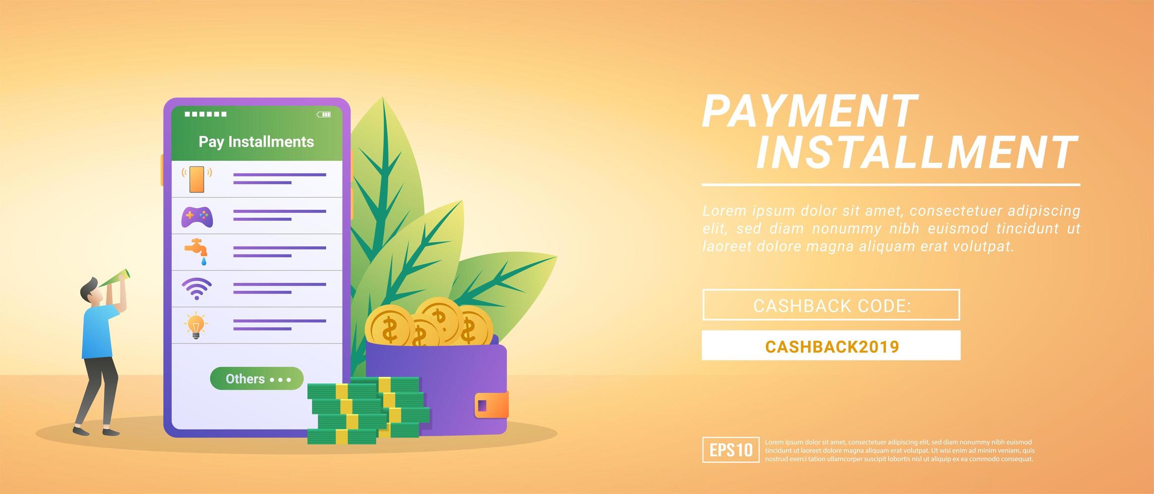 Pay installment concept. Bill payments using the mobile app. Paying internet, water, game vouchers vector